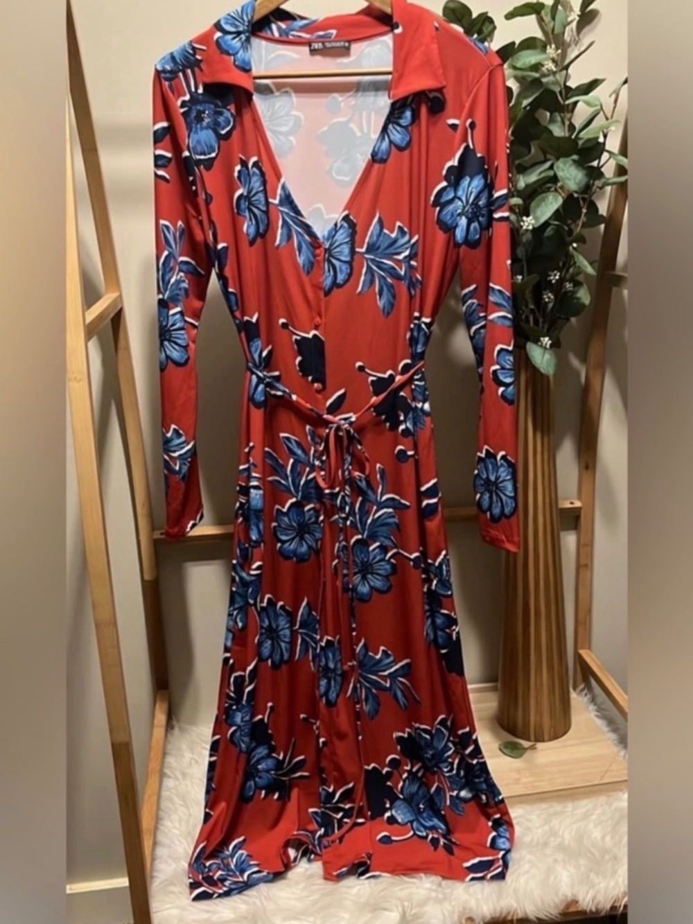 Zara Burnt Orange with Blue Floral Button Down Dress
